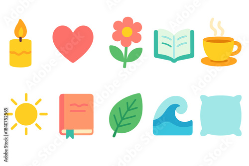 Relaxation and wellness icon set. Flat design icons for calm and peaceful living
