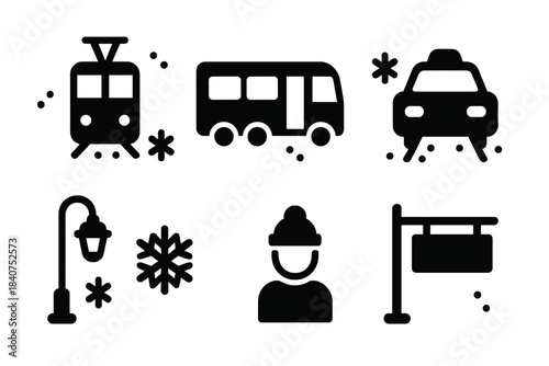 Winter Urban Transport Icons. Urban transport winter. Filled icon set of urban transport winter: tram, bus,