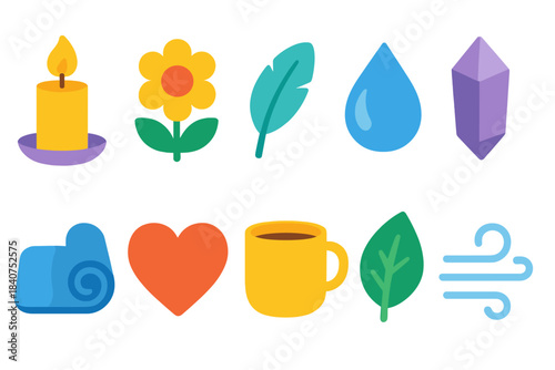 Wellbeing and relaxation icon set. Colorful, flat icons for mindfulness and calm.