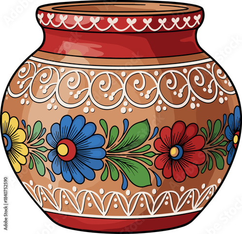 Ornate terracotta vase with vibrant floral decorations
