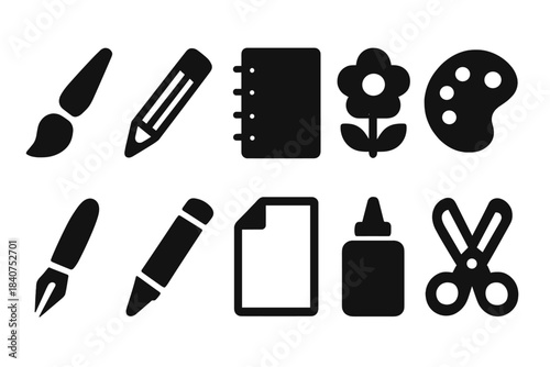 Art and craft solid icon set. Creativity, tools, and supplies solid icons collection
