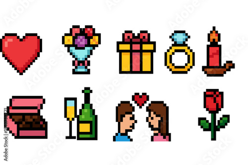Love and romance pixel icon set. Pixelated heart, gift, ring, floral icons collection