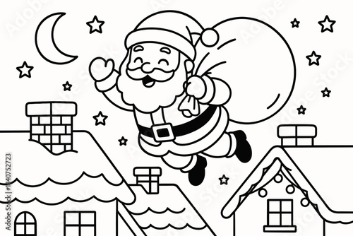 Santa's Rooftop Journey. Santa above rooftops children?s coloring book illustration, outlined drawing, Santa