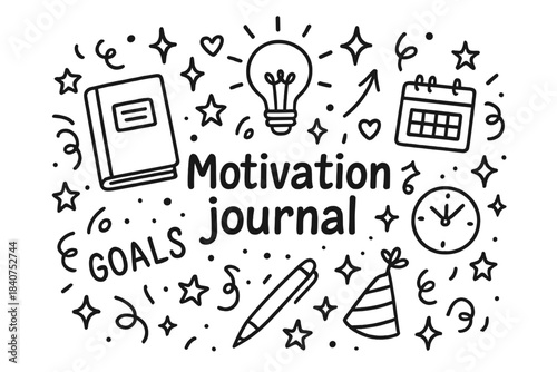 Motivation Journal Doodle. Motivation journal. Hand-drawn doodle illustration of Motivation journal. notebook,