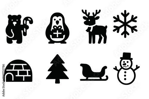 Arctic Christmas Icons. Arctic Christmas. Filled icon set of Arctic Christmas: polar bear with candy cane,