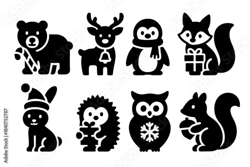 Christmas Animal Icons. Christmas animals. Filled icon set of Christmas animals: polar bear with candy cane,