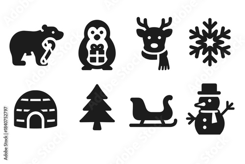 Arctic Christmas Icons. Arctic Christmas. Filled icon set of Arctic Christmas: polar bear with candy cane,