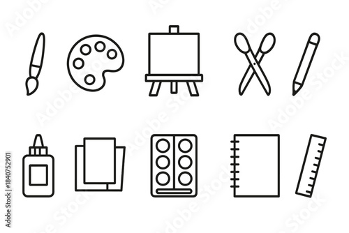Art supplies line icon set. Paint, drawing, and craft outline icons collection