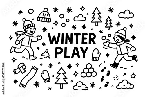 Winter Play Doodles. Winter play. Hand-drawn doodle illustration of winter play. Snowballs, snowflakes, hats,