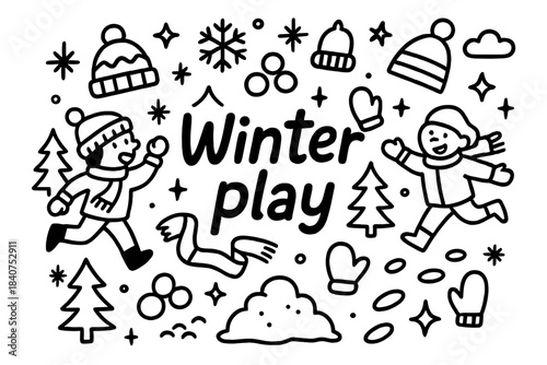 Winter Play Doodles. Winter play. Hand-drawn doodle illustration of winter play. Snowballs, snowflakes, hats,