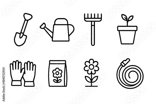 Gardening, horticulture outline icon set. Plant care tools outline collection