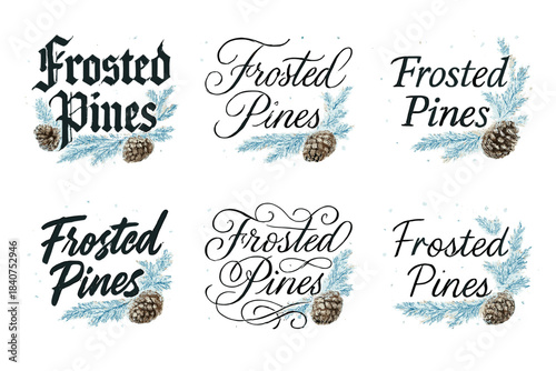 Frosted Pines Variations. Frosted Pines. Create a calligraphy lettering illustration of the phrase: Frosted