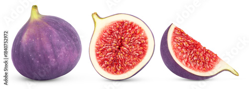 Foto Fresh purple figs isolated on white background, Whole purple fig, half of fig and cut in slice of fig with clipping path