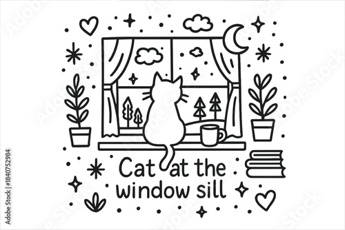 Whimsical Window Cat. Cat at the window sill. Hand-drawn doodle illustration of Cat at the window sill. cat,