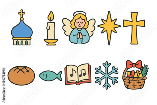Christmas holiday flat icon set. Festive, religious icons flat collection