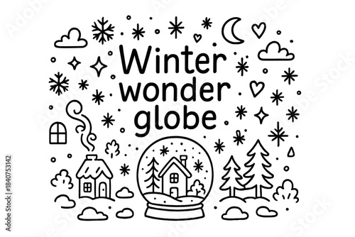 Winter Globe Doodle. Winter wonder globe. Hand-drawn doodle illustration of Winter wonder globe. snow globe,
