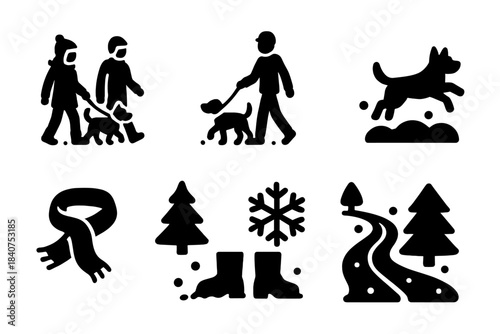 Snowy Dog Walk Icons. Friends walking dogs in the snow. Filled icon set of friends walking dogs in the snow: