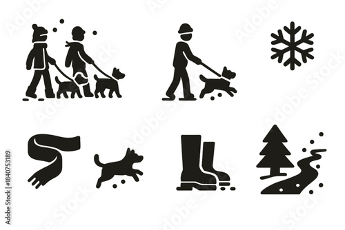 Snowy Dog Walk Icons. Friends walking dogs in the snow. Filled icon set of friends walking dogs in the snow: