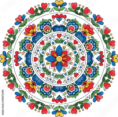 Vibrant floral mandala with traditional folk art motifs