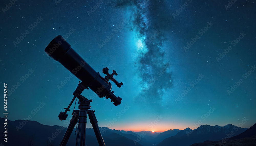Fototapeta premium Telescope aims at starry night sky above mountains. Milky Way galaxy shines bright blue. Sun sets below horizon. Astrophotography hobby. Cosmic exploration. Space view.
