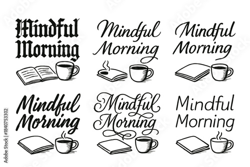 Mindful Calligraphy Styles. Mindful Morning. Create a calligraphy lettering illustration of the phrase: