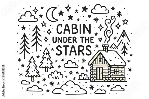Cabin Doodle Art. Cabin under the stars. Hand-drawn doodle illustration of Cabin under the stars. wooden cabin