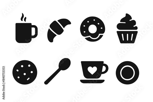 Coffee and Pastry Icons. Coffee and pastry. Filled icon set of coffee and pastry: coffee mug, croissant, donut