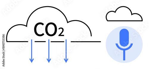 Environmental awareness, carbon capture, green technology, sustainable energy, digital tools, smart solutions. CO2 cloud with arrows and a microphone symbol. Environmental awareness and green