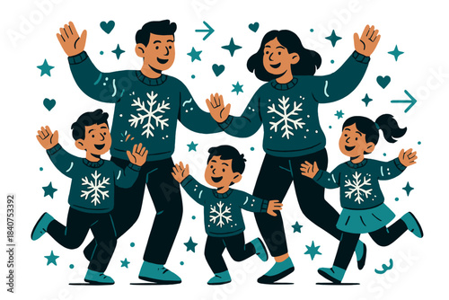Coordinated Family Christmas. Matching outfits. Family of four wearing coordinated Christmas sweaters with