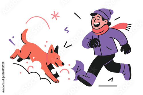 Winter Joyful Leap. Dog and owner. Owner laughing as their dog leaps into a snowbank, snow clouds rising
