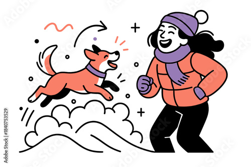 Winter Joyful Leap. Dog and owner. Owner laughing as their dog leaps into a snowbank, snow clouds rising