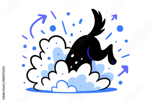 Playful Snow Dive. Snow explosion. Dog diving nose-first into snow, only tail visible above flying white