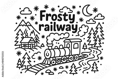 Frosty Railway Doodle. Frosty railway. Hand-drawn doodle illustration of frosty railway. Train, tracks,