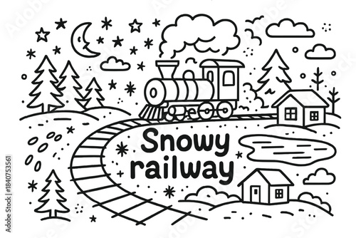 Snowy Railway Doodle. Snowy railway. Hand-drawn doodle illustration of snowy railway. Steam engine, tracks,
