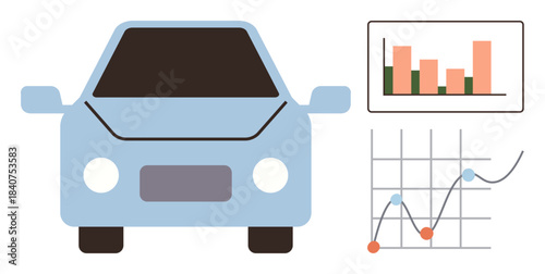 Blue car front view alongside bar and line charts showing performance trends and analytics. Ideal for automotive industry, data analysis, transportation, technology, innovation, monitoring
