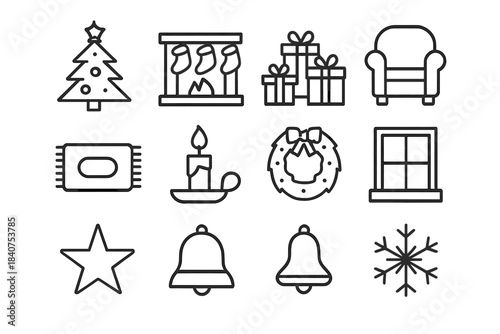 Festive Icons Grid. Festive Living Room. Line outline icon set of Festive Living Room: Christmas tree,