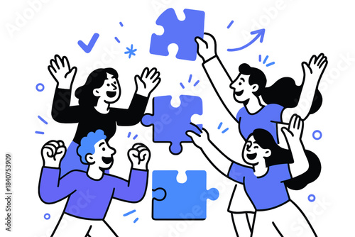 Puzzle Piece Triumph. Finishing touch. The last puzzle piece being placed as everyone cheers. A sense of
