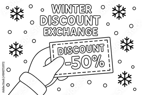 Winter Coupon Coloring. Winter discount exchange children?s coloring book illustration, outlined drawing, hand