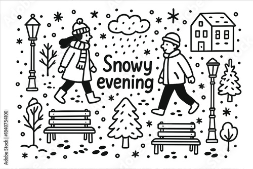 Snowy Evening Doodle. Snowy evening. Hand-drawn doodle illustration of snowy evening. Falling snow, people