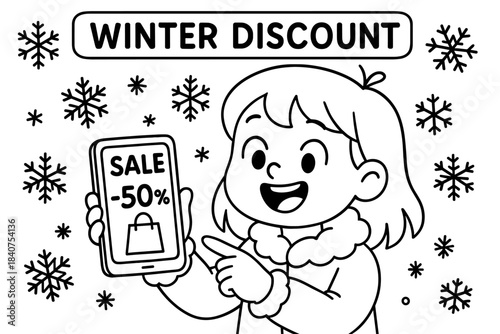 Winter Sale Coloring Page. Winter discount alert children?s coloring book illustration, outlined drawing,