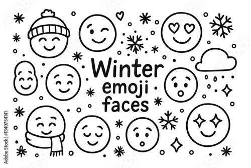 Winter Emoji Faces. Winter emoji faces. Hand-drawn doodle illustration of Winter emoji faces. snowflakes,