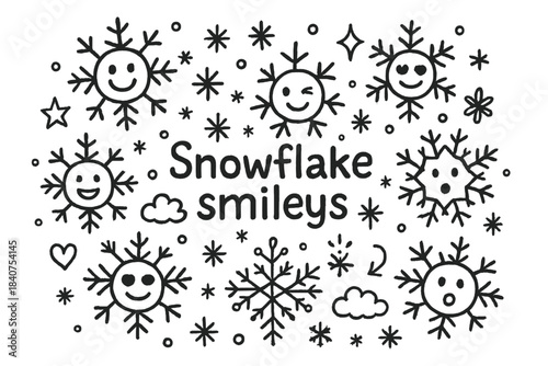 Snowflake Smileys Doodle. Snowflake smileys. Hand-drawn doodle illustration of Snowflake smileys. snowflakes,