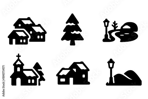 Frozen Village Icons. Frozen village. Filled icon set of frozen village: village rooftops, snow-covered trees,