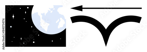 Space concept. Space graphics Earth, stars, and an arrow design merging with an abstract shape. Space include exploration, cosmic navigation, and futuristic aesthetics. Great for tech, education