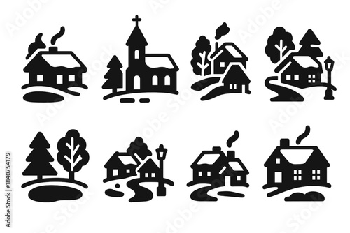 Winter Village Icons. Winter aerial village. Filled icon set of winter aerial village: snow-covered rooftops,