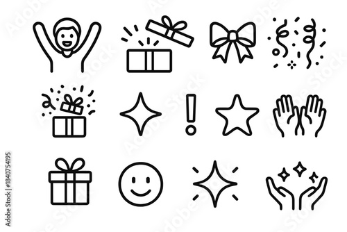 Gift Icon Set. Gift Reveal. Line outline icon set of Gift Reveal: person excited, box opening, bow flying,