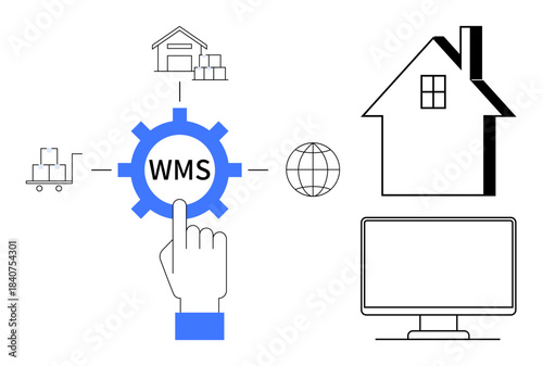 Inventory management, logistics software, supply chain, e-commerce operations, warehouse automation, delivery network. Hand pointing to WMS gear beside warehouse, house computer. Inventory