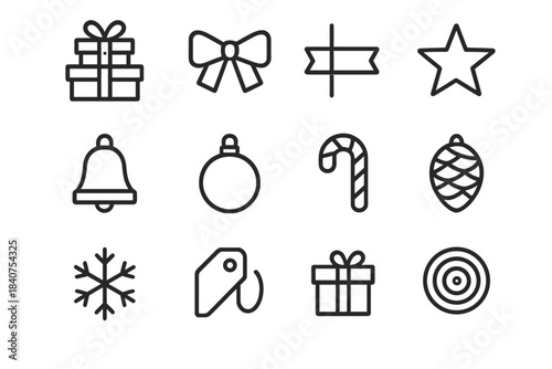 Holiday Gift Icons. Gift Collection. Line outline icon set of Gift Collection: stacked presents, bows, ribbons