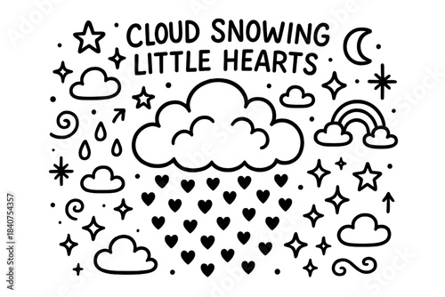 Hearts from the Cloud. Cloud snowing little hearts. Hand-drawn doodle illustration of cloud snowing little