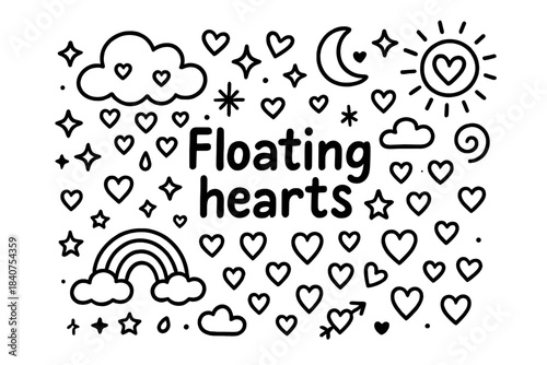 Floating Hearts Illustration. Floating hearts. Hand-drawn doodle illustration of floating hearts. Puffy cloud,
